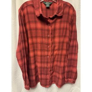 Woolrich Women's Red Plaid Flannel Scalloped Button Up 100% Cotton XL Fitted
